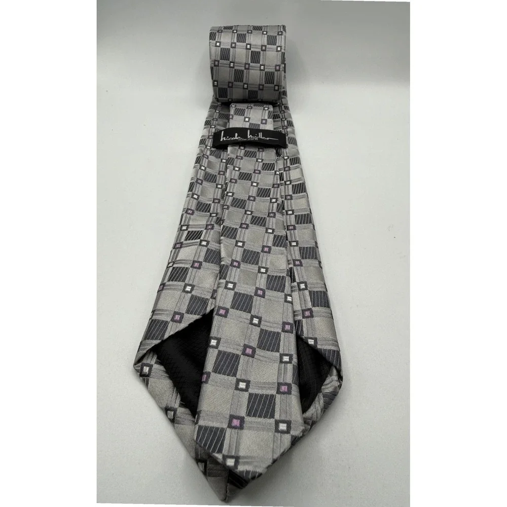 Nicole Miller Col. Men Grey Black Purple‎ Geometric Grid Woven Classic Necktie